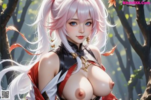A woman in a revealing outfit stands by an open door, outdoors.