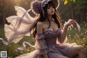A woman in a long dress with a flower crown on her head.