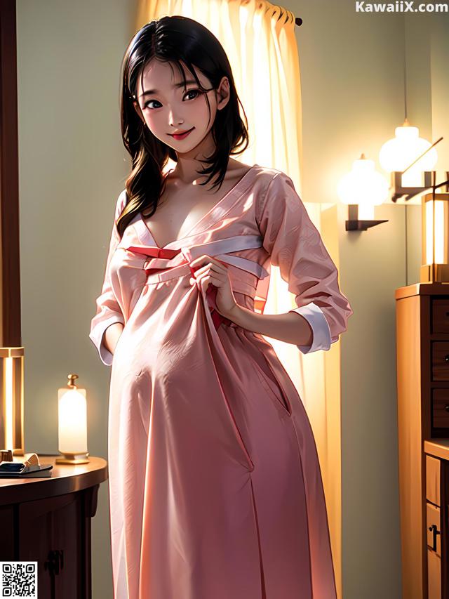 A woman in a pink robe standing in a bedroom.