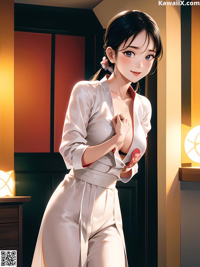 A woman in a white dress standing in a room.