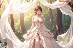 A woman in a wedding dress walking through a forest.