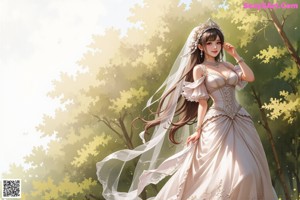A woman in a wedding dress standing in the woods.