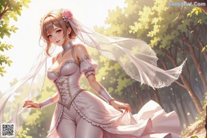 a woman in a wedding dress standing in the woods