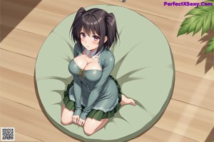 A woman in a blue dress sitting on a bed.