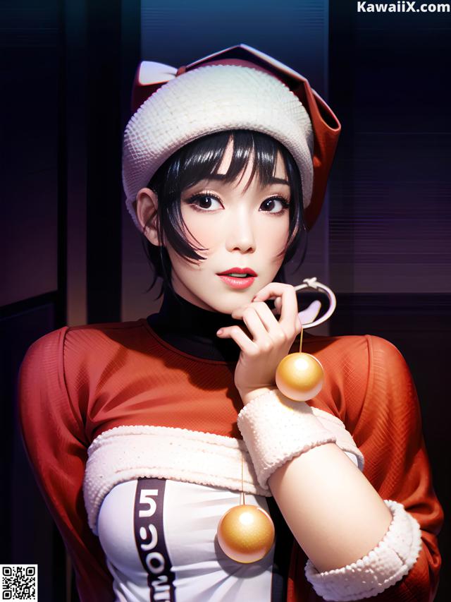 A woman in a red and white outfit holding a gold ball.