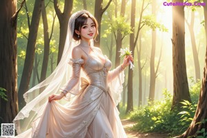 A woman in a long white dress standing in the woods.