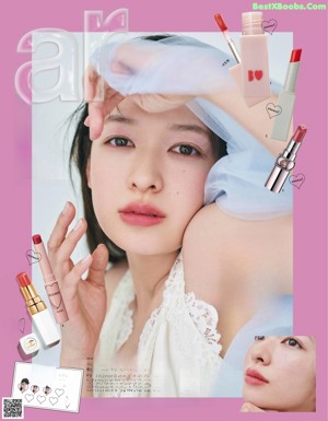 A magazine page with a picture of a woman holding a lipstick.