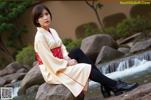 A woman in a white lingerie sitting on a bench.