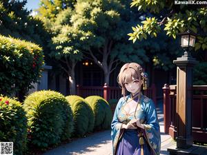 A woman in a green and red kimono standing in front of a building.