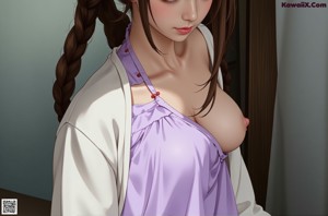 A naked woman in a pink kimono posing in front of a window.