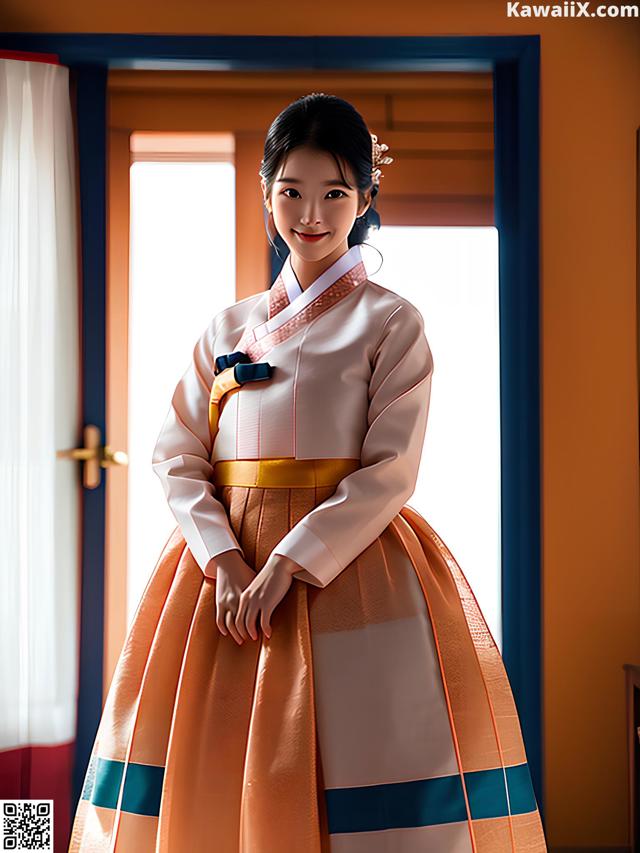 A woman in a korean dress standing in front of a window.