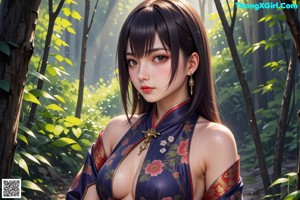 A woman in a kimono standing in the woods.