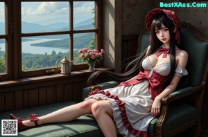 A woman in a maroon dress sitting on a blue couch.
