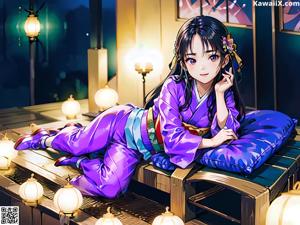 A woman in a blue kimono holding an umbrella.