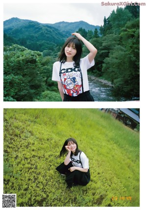 A young woman wearing a white shirt with a CDG logo on it.