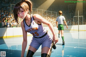 A woman kneeling on a basketball court holding a basketball.