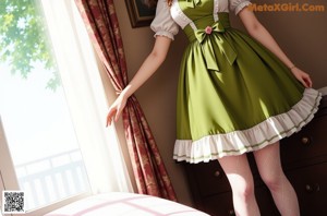 A woman in a green and white dress and stockings posing for a picture.