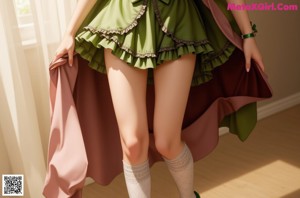 A woman in a green and white dress and stockings posing for a picture.