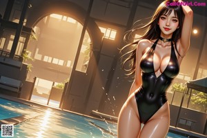 A woman in a black bikini standing next to a pool.