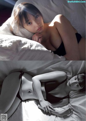 A collage of photos of a woman laying on a bed.