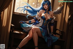 A woman with long blue hair sitting on a window sill.