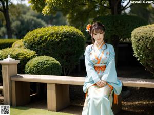 A woman in a green kimono sitting on the floor.