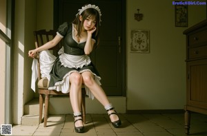 A woman in a maid outfit is posing for a picture.