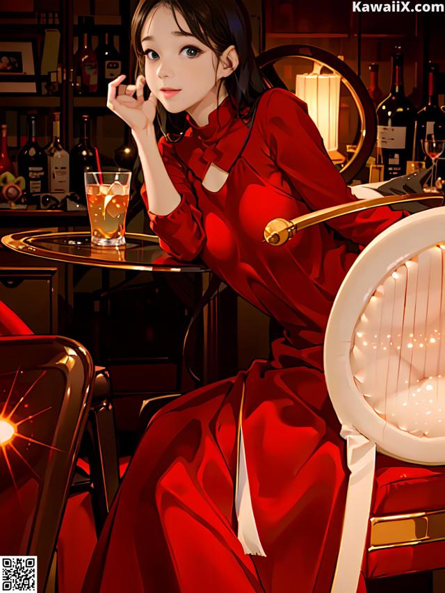 A woman in a red dress sitting at a table with a glass of wine.