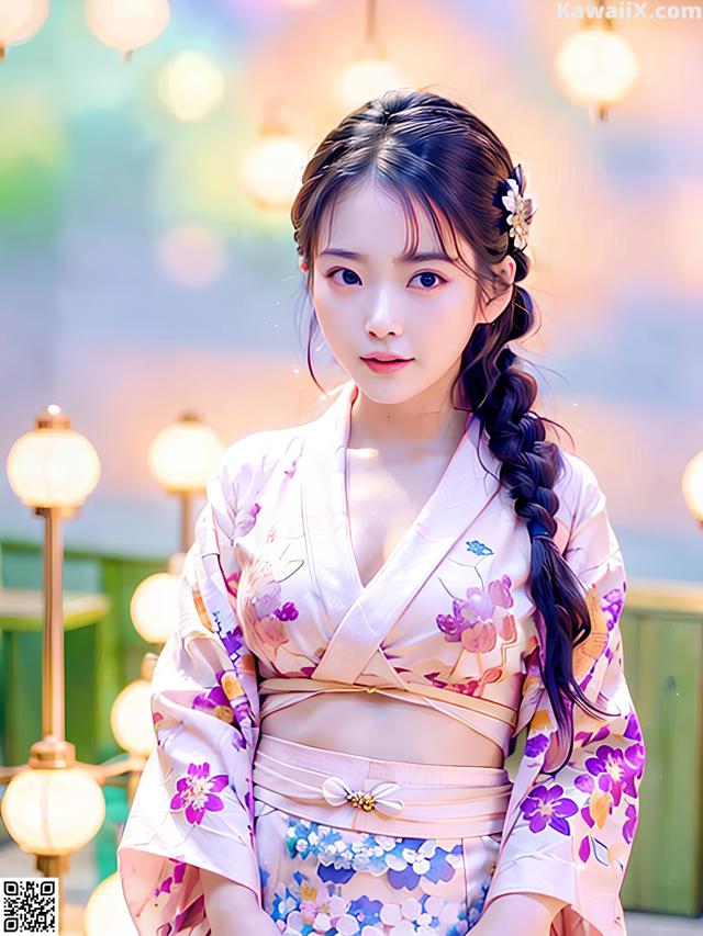 A woman in a pink kimono sitting on a bench.