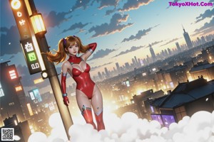 A woman in a red and blue outfit standing in the middle of a city.