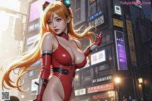 A woman in a red and white outfit standing in the middle of a city.