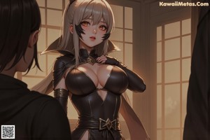 A naked anime girl in a black and gold outfit is sitting on a bed.
