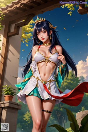 A woman in a blue and red outfit with a crown on her head.