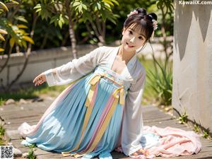 A woman in a pink and blue dress standing in a garden.