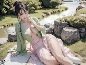 A woman in a blue kimono standing in front of a pond.