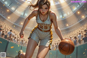 A girl in a basketball uniform holding a basketball.