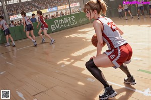 A woman in a blue and white uniform holding a basketball.