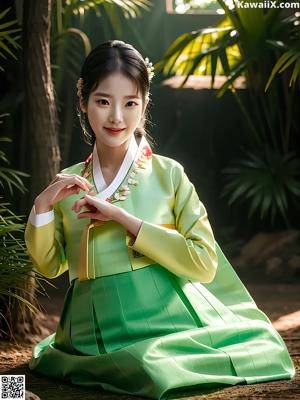 A woman in a blue and yellow hanbok poses for a picture.