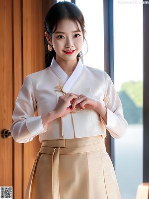 A woman in a blue and pink hanbok is posing for a picture.