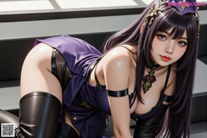 A woman with long purple hair wearing a purple bra and black lingerie.