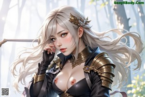 A woman in a black leather outfit holds a sword in a forest setting.