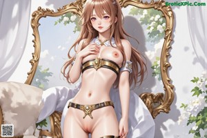 a sexy anime girl with big tits sitting on a bed