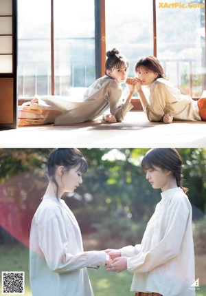 A couple of women laying on top of a wooden table.