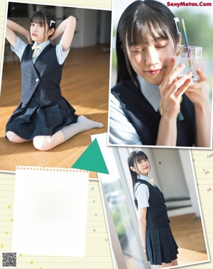 A young woman in a school uniform posing for a magazine.