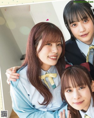 A group of young women in school uniforms posing for a magazine.