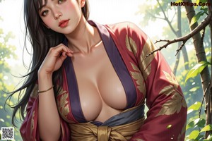A woman in a kimono is posing in the woods.