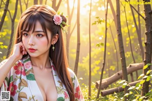 A naked woman in a kimono is standing in the sunlight.