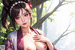 A naked woman in a kimono standing in the woods.