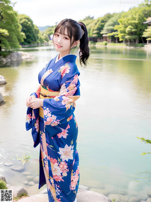 A woman in a blue kimono standing by a lake.