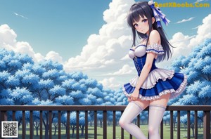 a woman in a blue and white dress posing for a picture